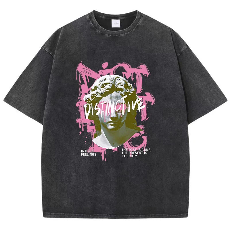 Black Women's oversized drop-shoulder graphic tee, front view, loose streetwear fit