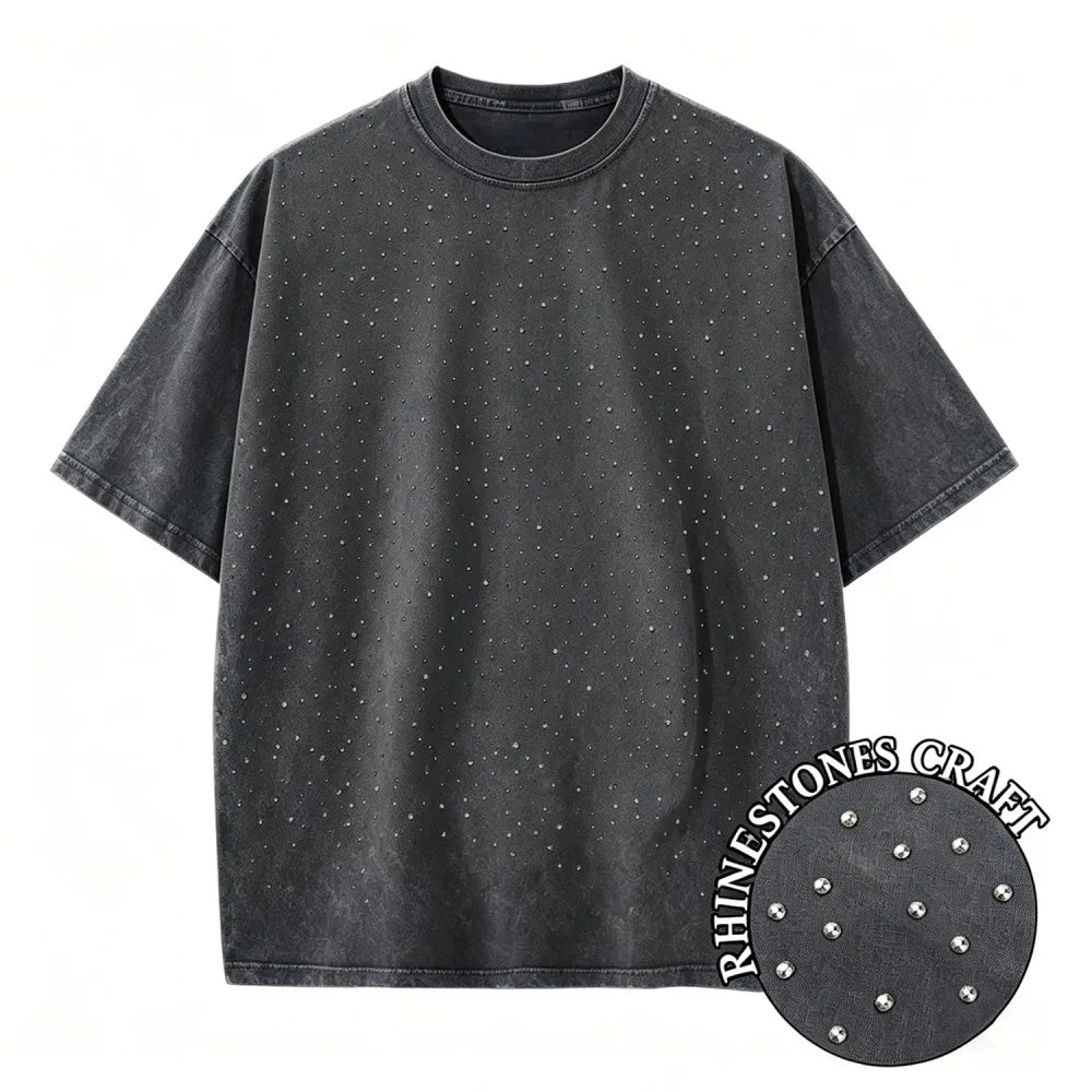Black Rhinestone vintage wash tee flat lay showing scattered crystal embellishments and acid-wash texture