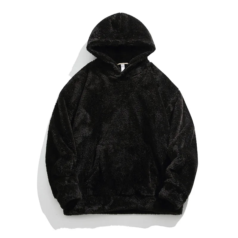 Black Oversized shaggy fleece hoodie, front view