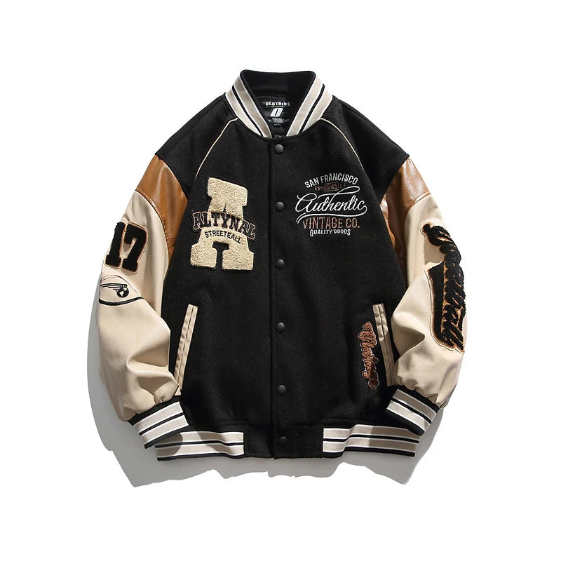 Black Oversized varsity letterman jacket, front view