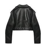 PU Leather Biker Jacket with Belt - Black Moto Coat