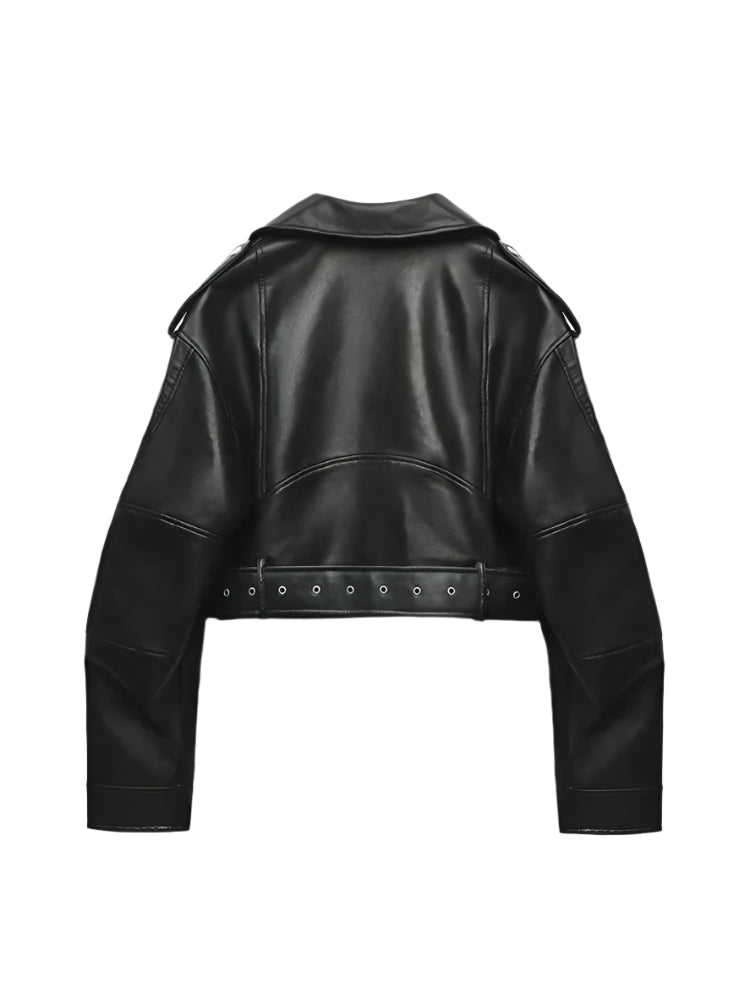 PU Leather Biker Jacket with Belt - Black Moto Coat