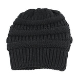 Black knit beanie on a white background