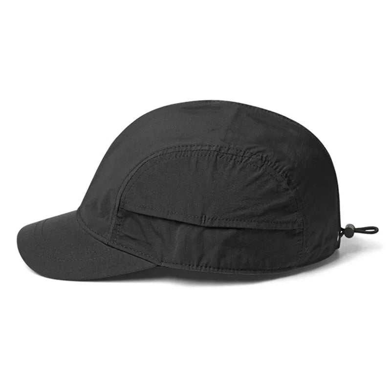 Black cap with a chin strap on a white background