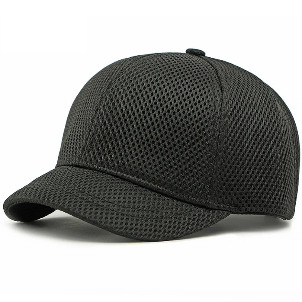 Black Close-up of breathable mesh back panels on short brim snapback cap