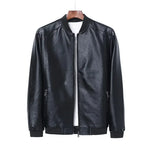 Black leather jacket on a hanger against a white background
