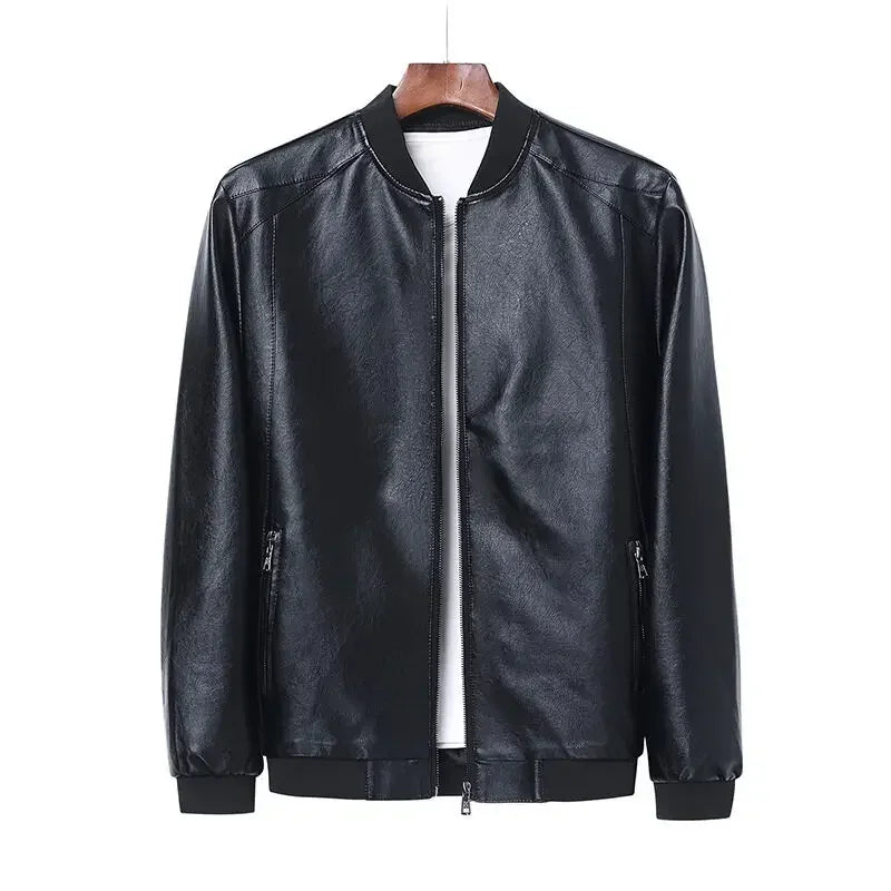 Black leather jacket on a hanger against a white background