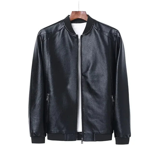 Black leather jacket on a hanger against a white background