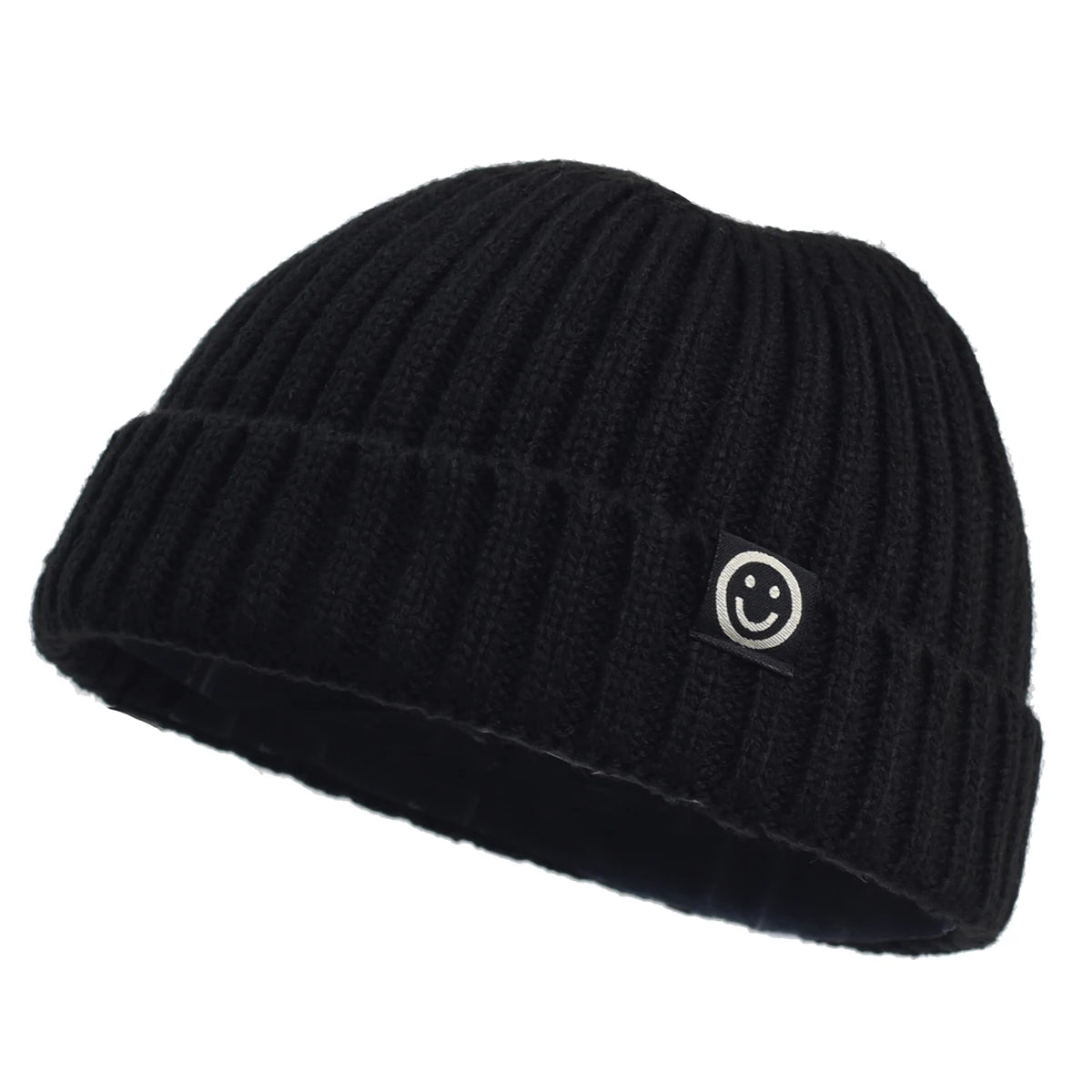 Black knit beanie with a smiley face logo on a white background