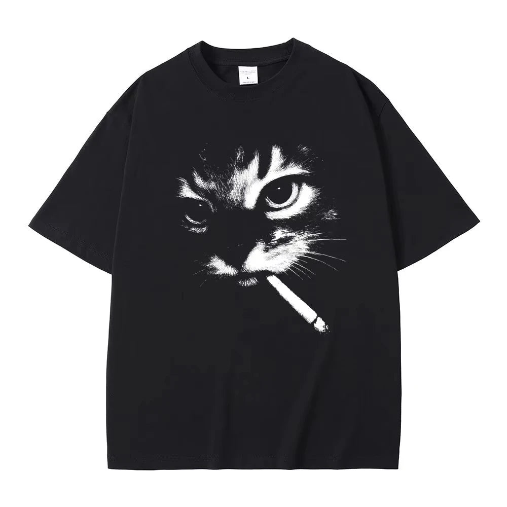 Men's smoking cat graphic tee — front view, crew neck, short sleeve