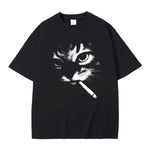 Men's smoking cat graphic tee — front view, crew neck, short sleeve