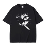 Men's smoking cat graphic tee — front view, crew neck, short sleeve
