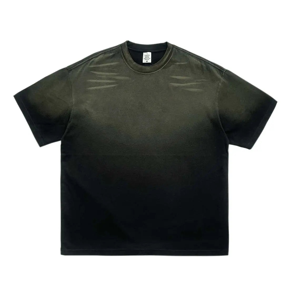 Black sun-faded gradient tee — crew neck detail close-up