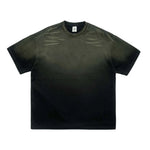 Black sun-faded gradient tee — crew neck detail close-up