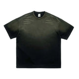 Black sun-faded gradient tee — crew neck detail close-up