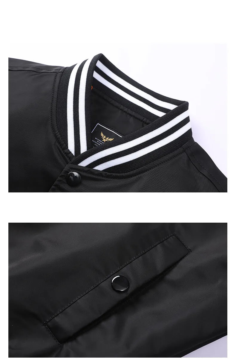 Black jacket with white trim and buttons on a white background