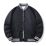 Black varsity jacket with white stripes on a white background