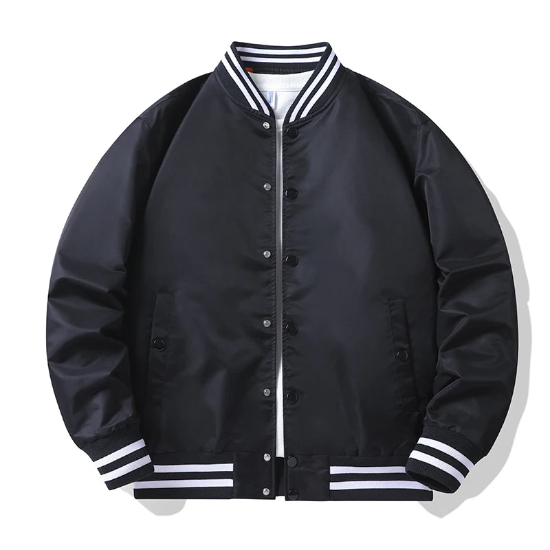 Black varsity jacket with white stripes on a white background