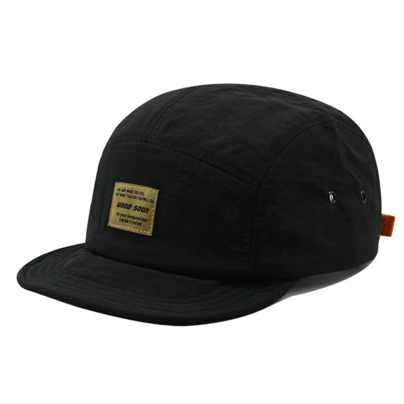Black Vintage short brim 5-panel cap — back view showing adjustable strap