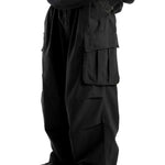 Black Wide-leg cargo pants, close-up on model