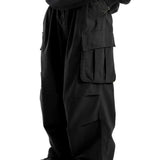 Black Wide-leg cargo pants, close-up on model
