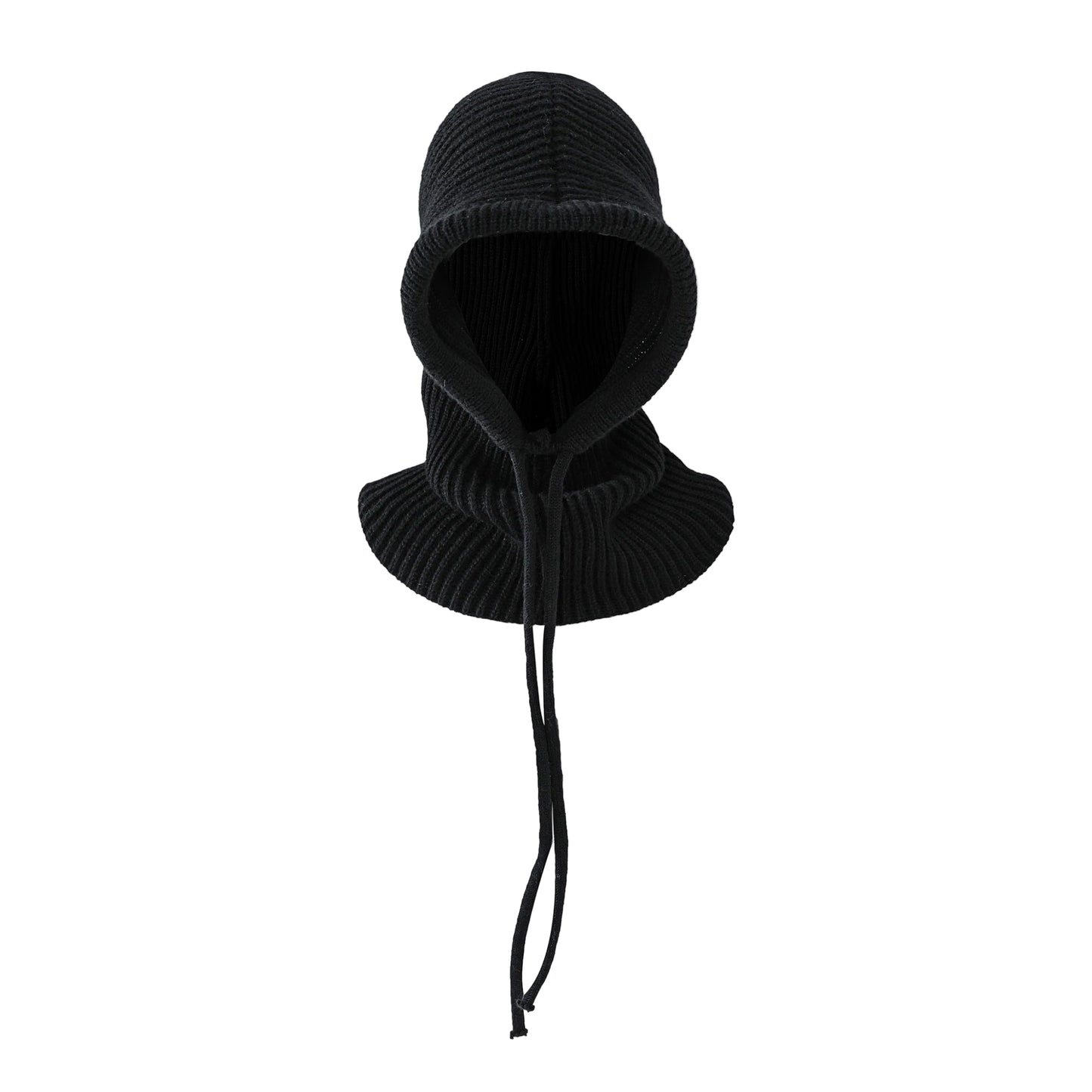 Black knitted balaclava on a light gray background