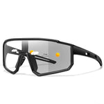 Black Wraparound sport sunglasses shown at angle with photochromic lens shading diagram