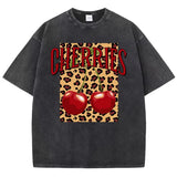 Black-Xy379 Women's cherry and leopard print cotton graphic tee styled on model