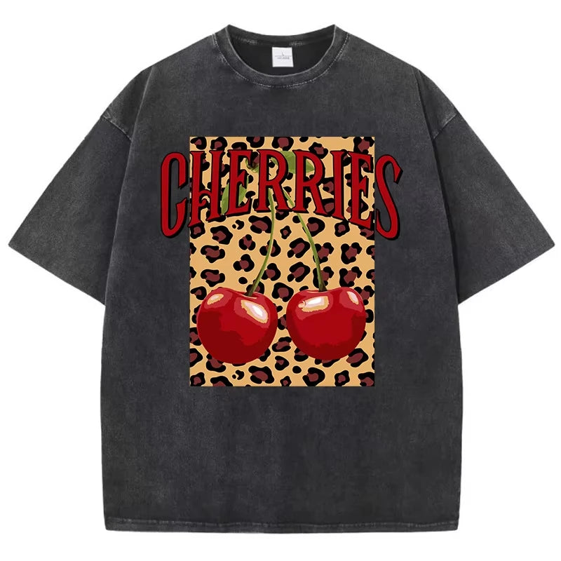 Black-Xy379 Women's cherry and leopard print cotton graphic tee styled on model