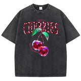 Black-Xy383 Model wearing loose fit cherry leopard graphic tee, full body view