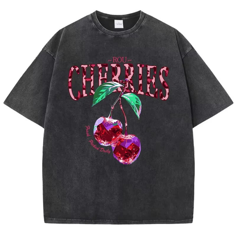Black-Xy383 Model wearing loose fit cherry leopard graphic tee, full body view