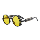 Sunglasses with yellow lenses and black frame on a white background