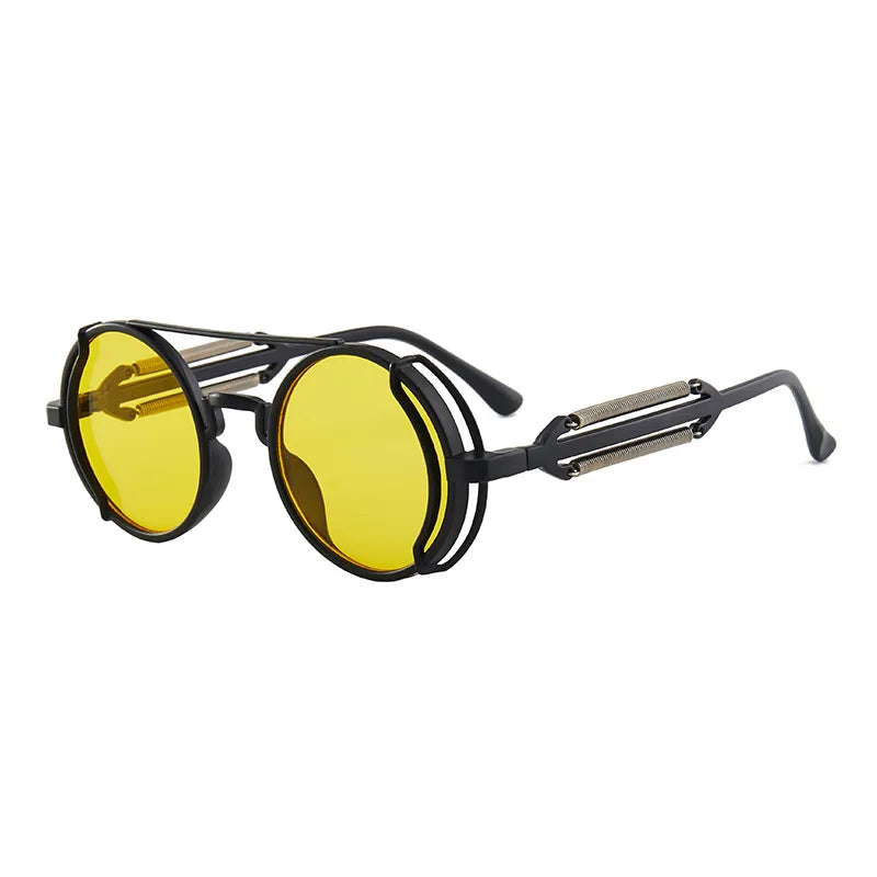 Sunglasses with yellow lenses and black frame on a white background