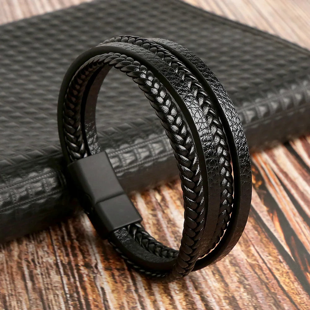 Blackb Beaded leather layered bracelet, overhead view