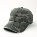 Blackgray Camo vintage washed dad hat worn on model, side view