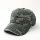 Blackgray Camo vintage washed dad hat worn on model, side view