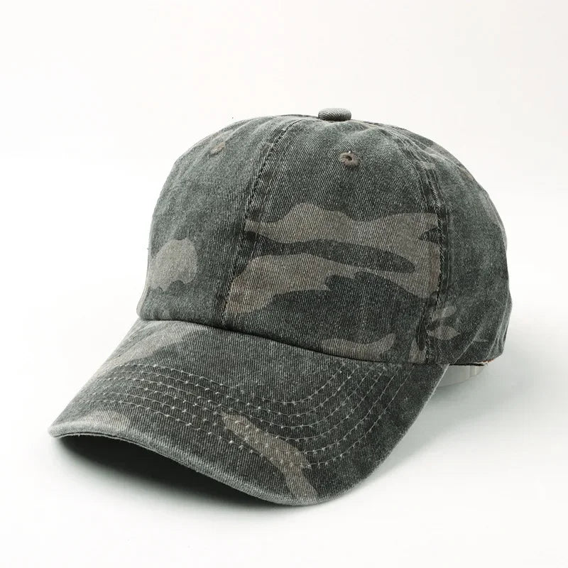 Blackgray Camo vintage washed dad hat worn on model, side view