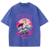 Blue Closeup of cartoon graphic print on acid wash distressed streetwear tee