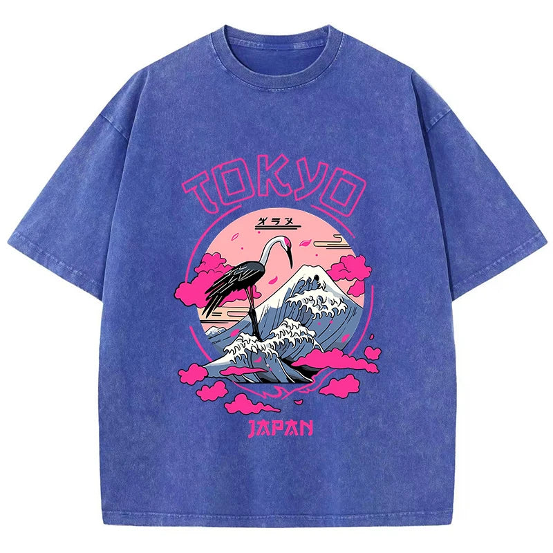 Blue Closeup of cartoon graphic print on acid wash distressed streetwear tee