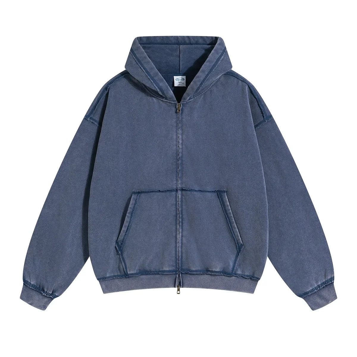 Blue Acid wash zip-up hoodie, wash texture detail