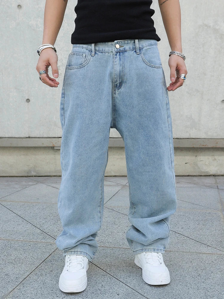 Blue Baggy wide-leg jeans on model, full length