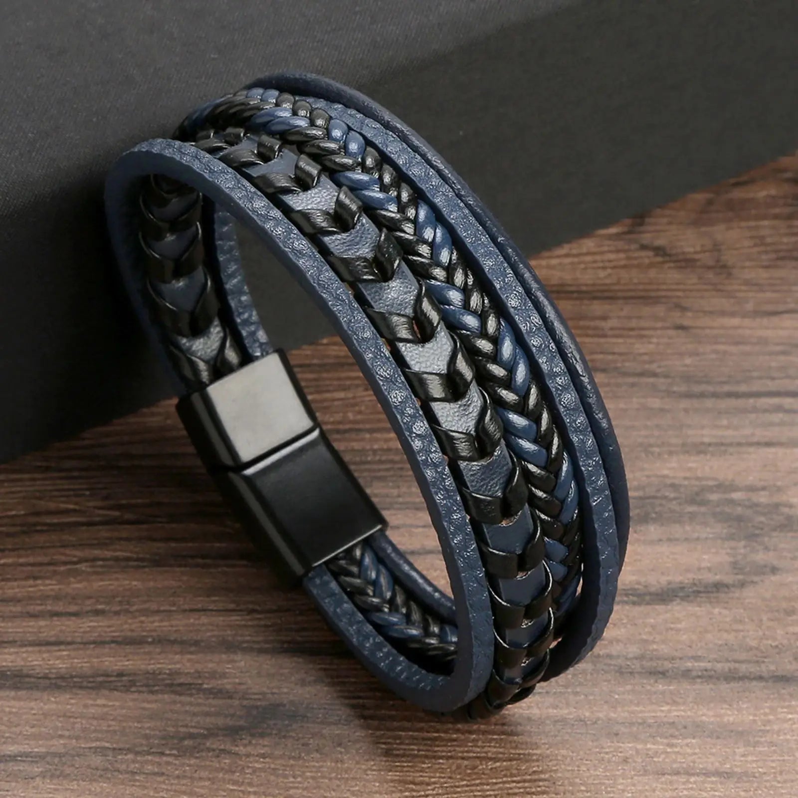 Blue Beaded leather layered bracelet, top-down view