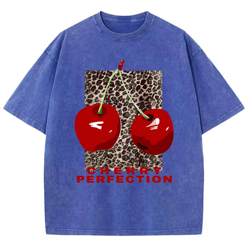 Blue Loose O-neck cherry leopard print tee worn by model, angled view