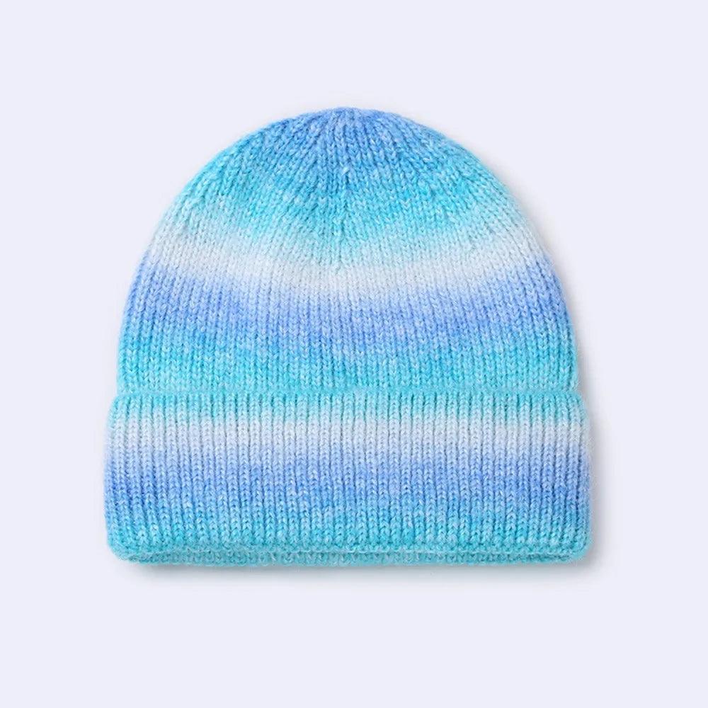 Blue Colorful knit beanie, front view