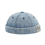 Blue Distressed denim docker cap, interior view