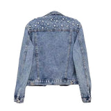 Blue women's embellished spliced denim-look jacket styled outfit shot