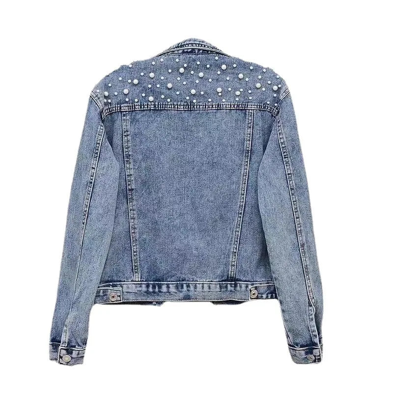 Blue women's embellished spliced denim-look jacket styled outfit shot