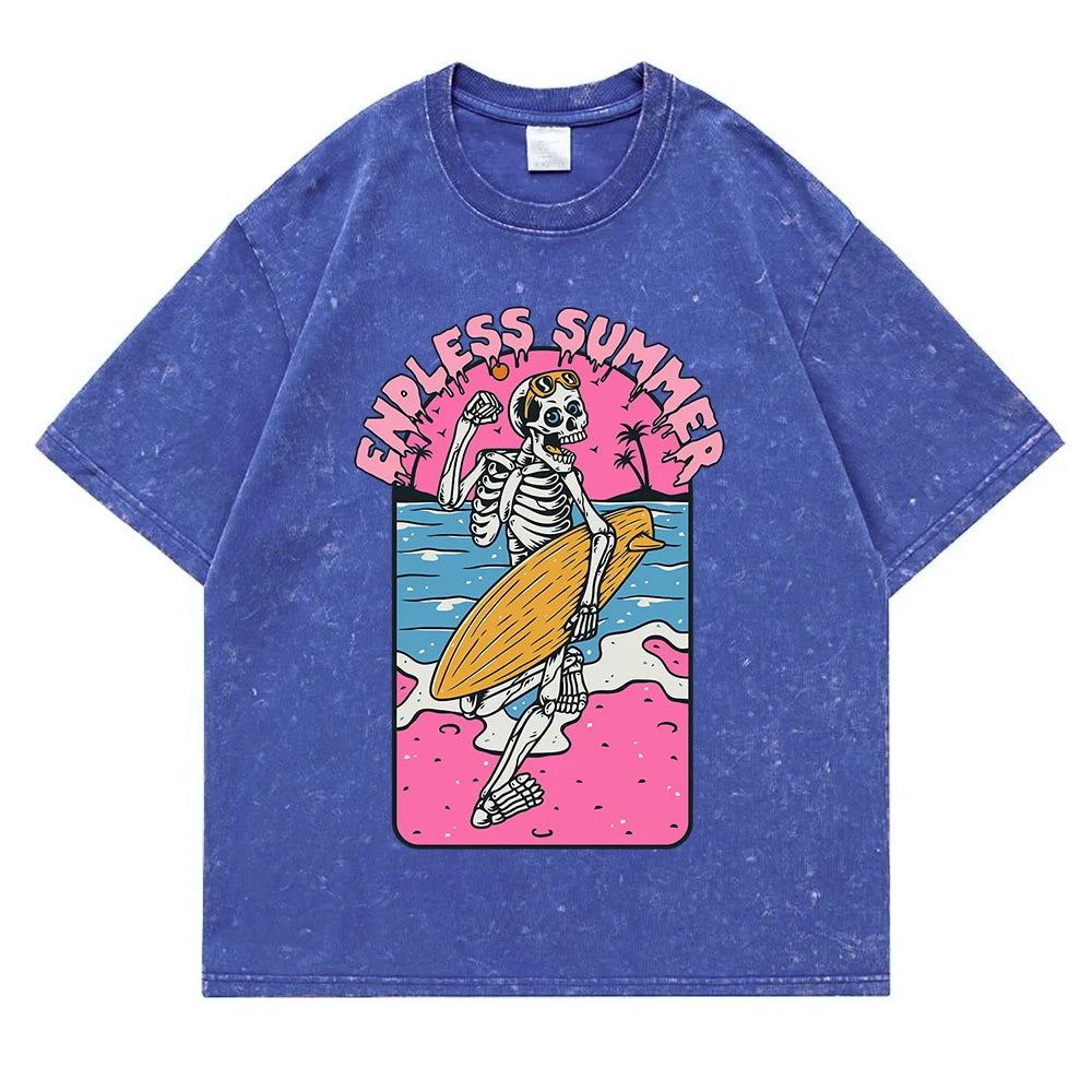 Blue Side view of skeleton graphic tee on model — cotton construction, relaxed fit