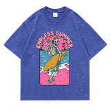 Blue Side view of skeleton graphic tee on model — cotton construction, relaxed fit