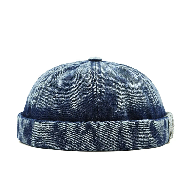 Blue denim beanie on a white background